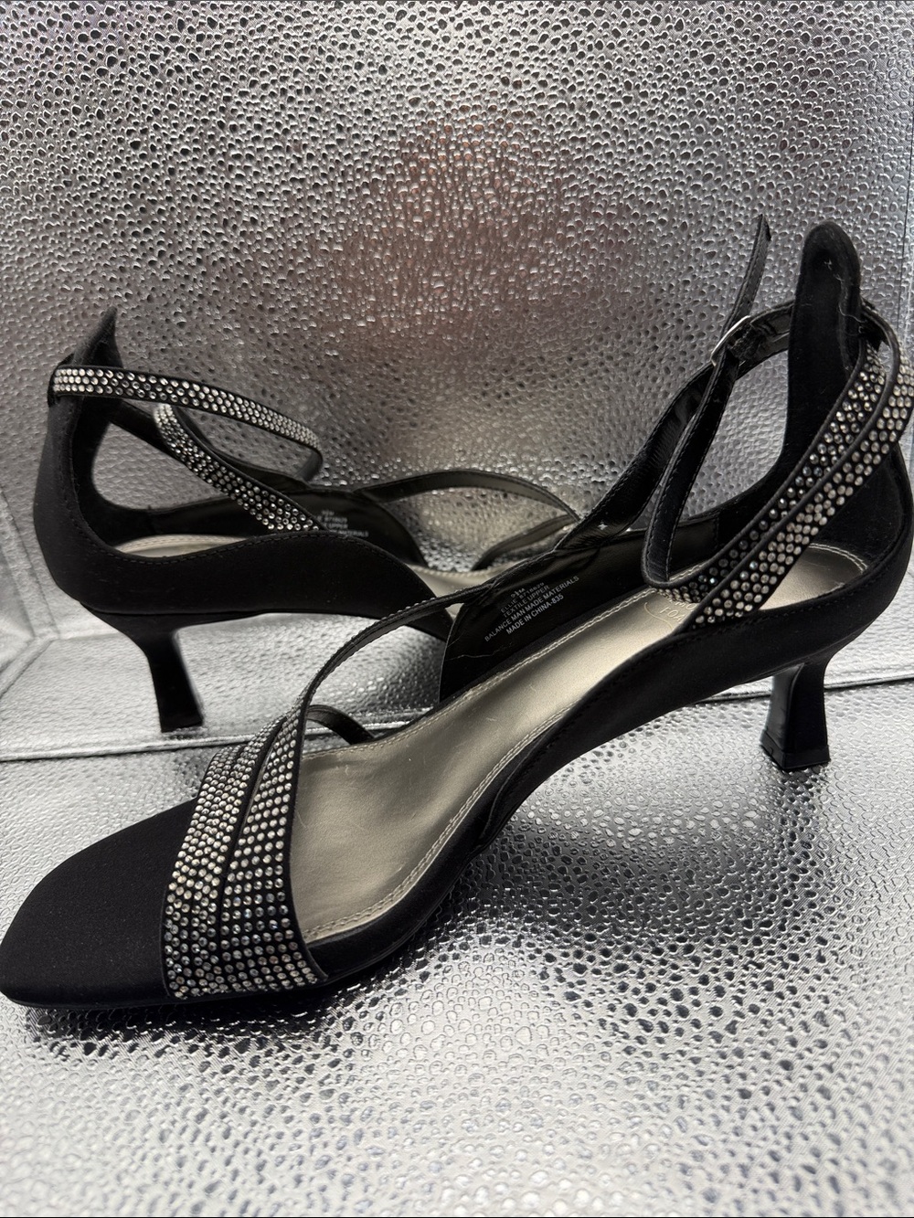 Ellie Black Satin Heels with Crystal Straps